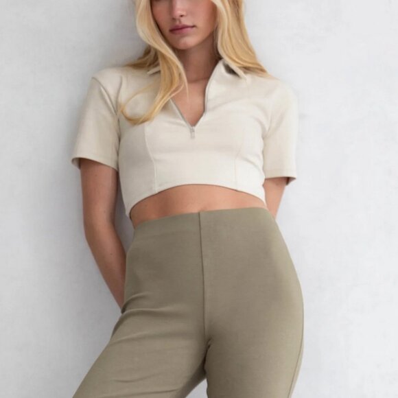 Oak and Fort Cropped zip cream beige natural polo size M STONE  Crop top - Picture 2 of 8
